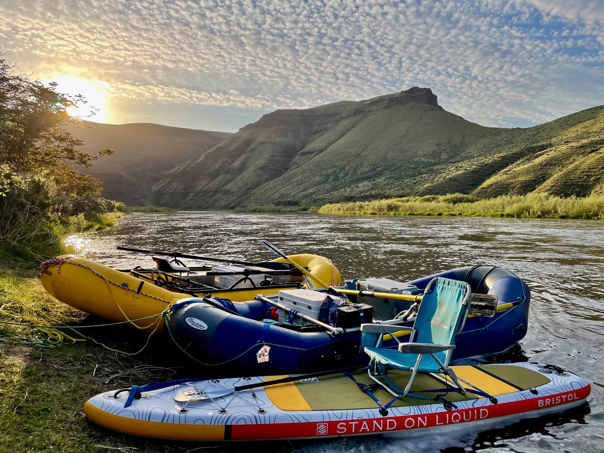 Bristol inflatable stand up paddle board by stand on liquid set up as a fishing SUP on the John Day river in Oregon
